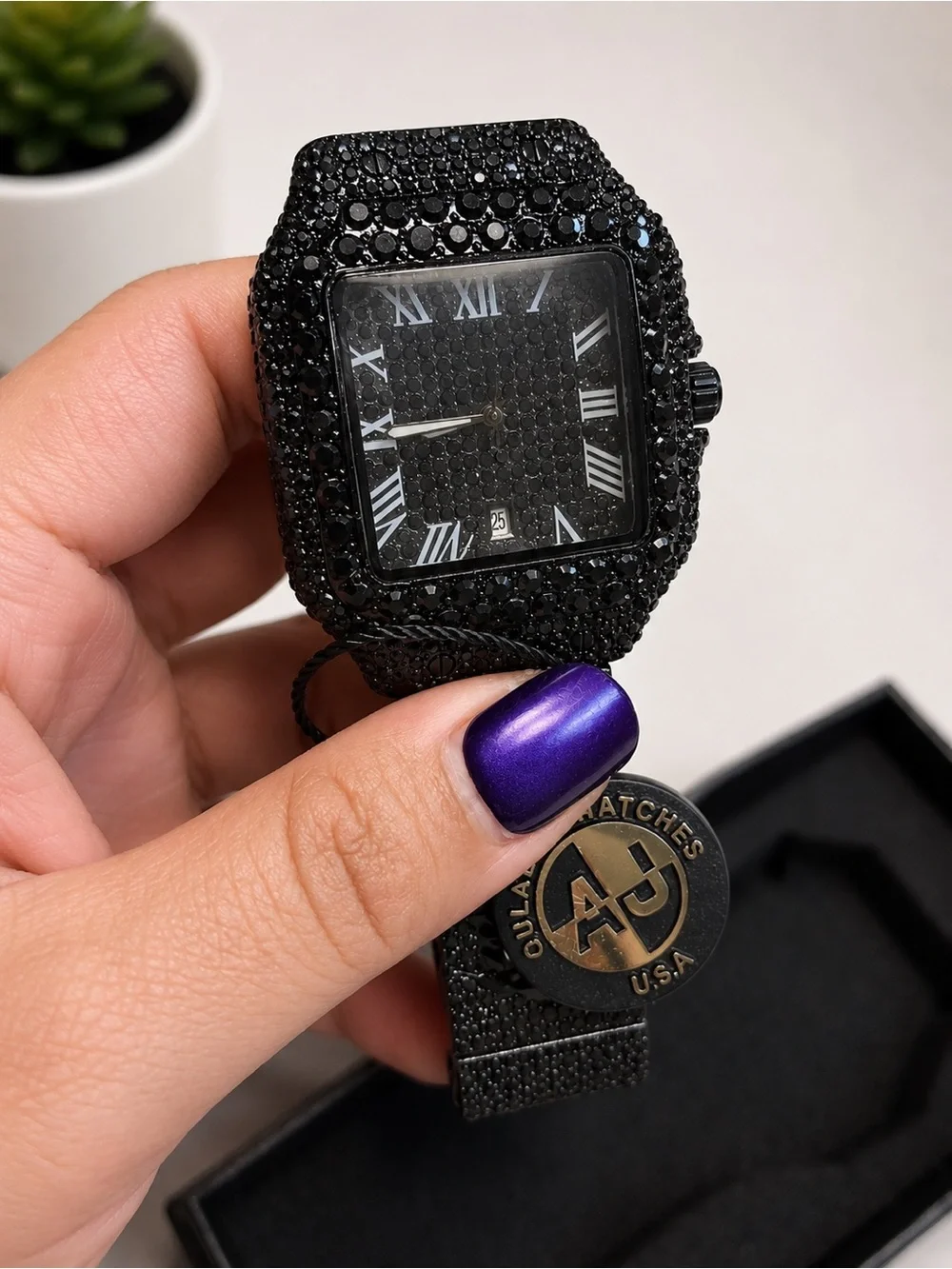 Original AJ Black ice square watch / Roman numeral dial / luxury stainless steel